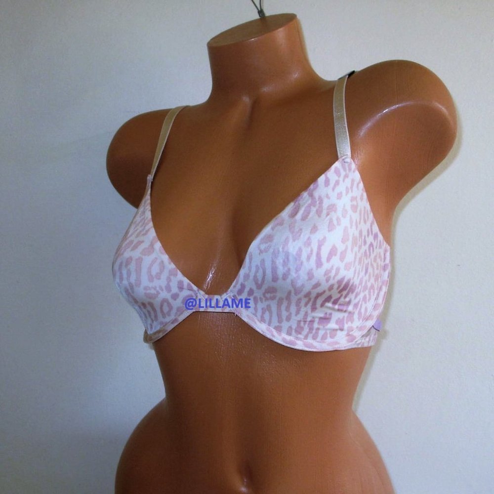 Victoria's Secret Sexy Tee Unlined Demi Bra Smooth Silky Satin Ivory Leopard 32C